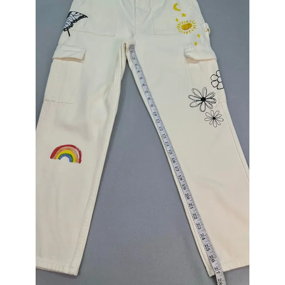 PacSun Sketchbook High Rise Carpenter Cargo Jeans Cream Graphic Doodle Size 27 - Picture 12 of 12